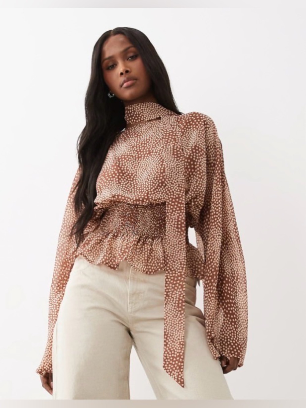 Gina Tricot long sleeve scarf blouse top in light brown polka dots M